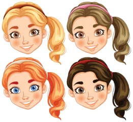 Fotobehang Illustration of four different female cartoon faces. © GraphicsRF