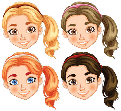 Illustration of four different female cartoon faces.