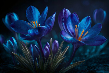 Luminescent teal blue and purple crocus on dark background