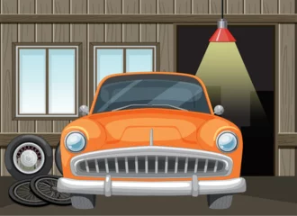 Gordijnen Classic orange car parked inside a wooden garage © GraphicsRF