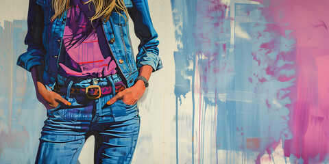 Trendy woman in denim with abstract painted background.