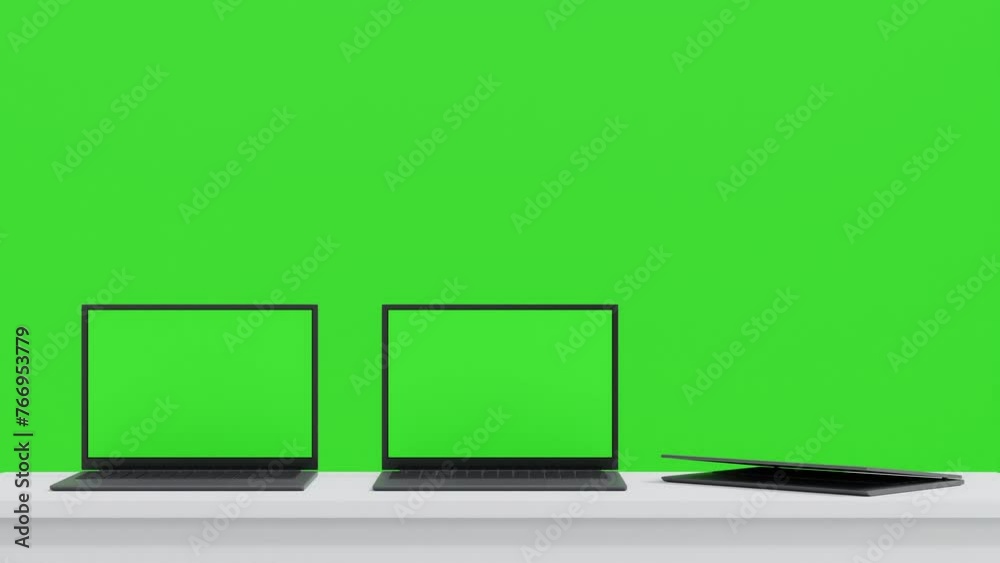 Wall mural three laptop on white table open to show green screen display one by one on green background, applic