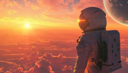 A man in a spacesuit is standing on a planet with a sun in the background