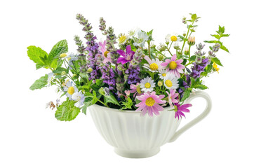 Cup Overflowing with Exquisite Wild Flowers and Mint isolated on transparent Background
