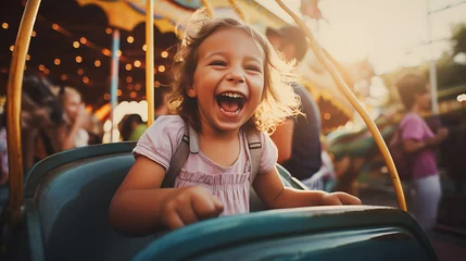 Foto auf Acrylglas Giggling little girl having a fun family day at an amusement park © Dennis