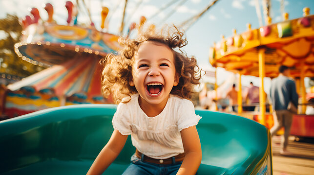 Giggling little girl having a fun family day at an amusement park