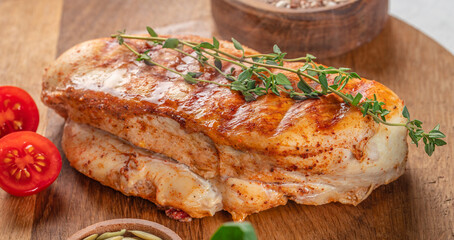 grilled chicken fillet on a wooden board, delicious and healthy food for lunch or dinner