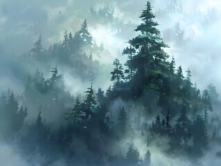 Fog Shrouded Sequoia Trees in Misty Forest Landscape