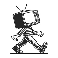 Retro television set with human body walking sketch engraving generative ai fictional character raster illustration. Scratch board imitation. Black and white image.