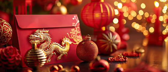 A red envelope with a dragon on it sits on a table with many red ornaments. The scene is festive and celebratory, likely for a holiday or special occasion