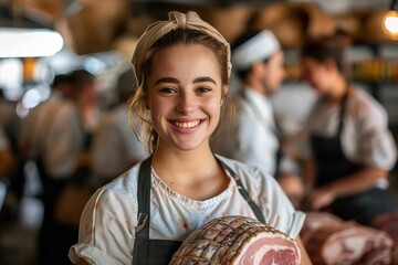 Snapshot of a joyful female butchering ham in a shop, with fellow employees in the backdrop meat uniform and space, Generative AI. - obrazy, fototapety, plakaty