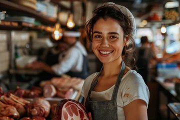Fotobehang Snapshot of a joyful female butchering ham in a shop, with fellow employees in the backdrop meat uniform and space, Generative AI. © Noobs