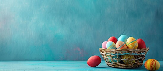 Easter eggs in various colors placed in a basket against a stylish blue backdrop. Simple design with room for adding text. - obrazy, fototapety, plakaty