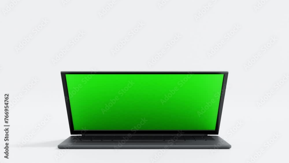 Wall mural laptop spin move in and open green screen and move out then close screen display, application websit