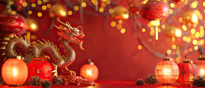 A red background with a dragon statue and a bunch of red and gold ornaments. The dragon statue is the main focus of the image