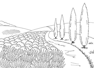 Lavender road graphic black white landscape sketch illustration vector