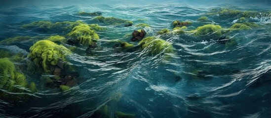 Waves of seaweed lazily appeared in the blue ocean water currents