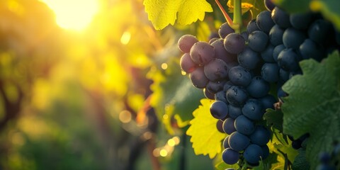 Sunset glow on vineyard grapes. Sunset light filters through grape leaves, casting a warm glow on a...