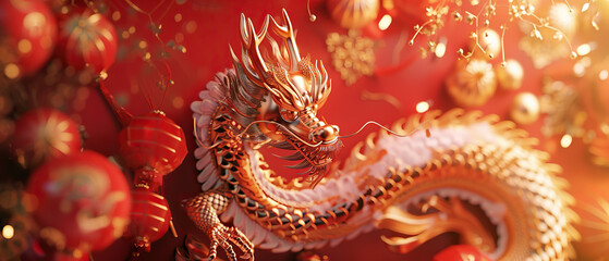 A gold dragon is on a red background with gold and red decorations