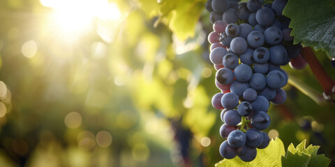 Morning sunlight bathes a cluster of blue grapes in a vineyard, highlighting the dewy freshness of the fruit