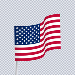 Realistic waving USA flag on a metallic pole, isolated on a transparent background. Vector.