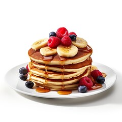 American pancakes with raspberries, blueberries, bananas and syrup on top