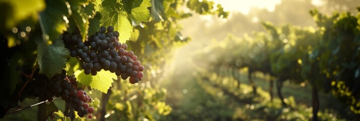 Morning rays filter through grape leaves, highlighting clusters of ripening grapes in a peaceful...
