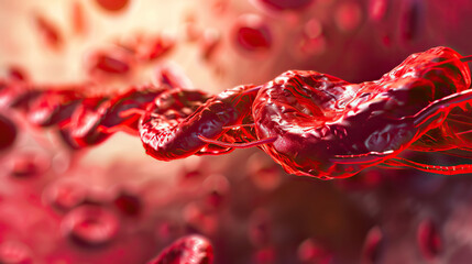 A red blood cell is shown in a close up of a red and purple background. The cell is surrounded by other red blood cells, creating a sense of movement and energy. Concept of the circulatory system