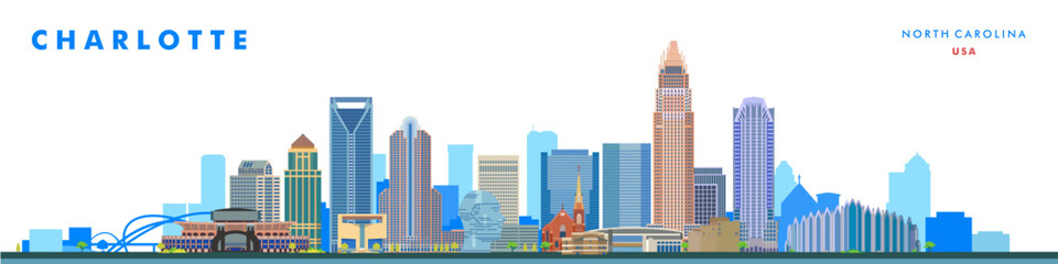Charlotte city skyline and famous buildings vector illustration on white background. US state of North Carolina.	 - 766955197
