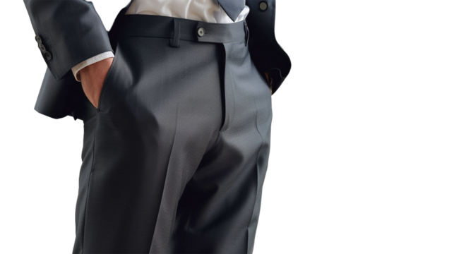 A sleek men's dress pant, tailored to perfection, its clean lines and sharp creases accentuated against a white transparent background