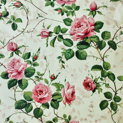 Vintage rose floral pattern wallpaper in pink and green on a cream background, with small roses, leaves and vines