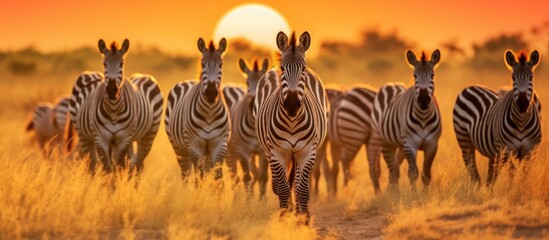 Zebra herd on safari in the grassland at sunset - obrazy, fototapety, plakaty