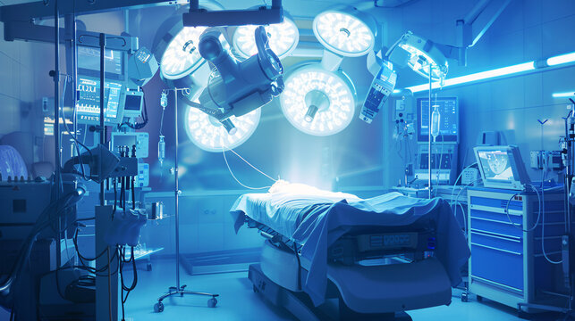 a futuristic operating room where a robotic surgeon is performing a complex procedure