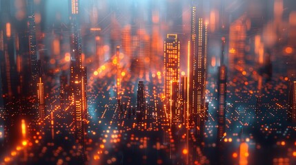 Glowing data points and bar graphs create a futuristic cityscape