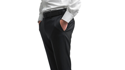 A sophisticated men's dress pant, exuding elegance and class, its sleek profile and versatile style accentuated against a transparent white background