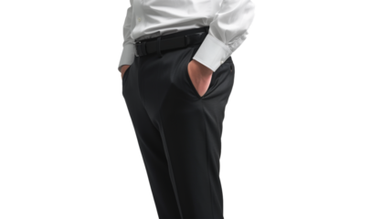 A sophisticated men's dress pant, exuding elegance and class, its sleek profile and versatile style accentuated against a transparent white background