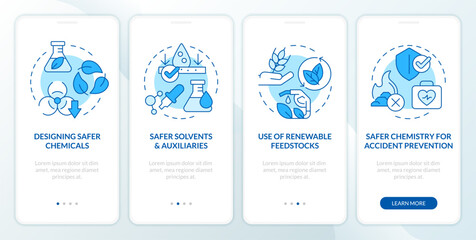 Safe chemistry blue onboarding mobile app screen. Minimal toxicity. Walkthrough 4 steps editable graphic instructions with linear concepts. UI, UX, GUI template. Myriad Pro-Bold, Regular fonts used