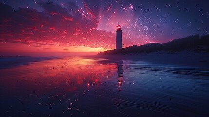 Celestial Dance Over Seascape: Time-lapse of Planets Orbiting, Night Sky Changes, and Lighthouse Vigil - obrazy, fototapety, plakaty