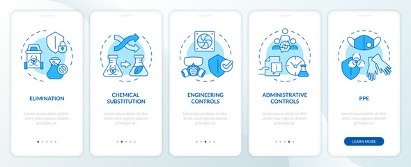 Chemicals administrative control blue onboarding mobile app screen. Walkthrough 5 steps editable graphic instructions with linear concepts. UI, UX, GUI template. Myriad Pro-Bold, Regular fonts used - obrazy, fototapety, plakaty