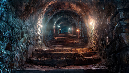 A dark tunnel with a blue glow