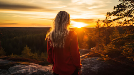 Beautiful Swede woman, admiring the sunset in the forest after a hike - obrazy, fototapety, plakaty