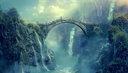 A bridge with flowers growing on it is shown in a mountainous landscape - obrazy, fototapety, plakaty