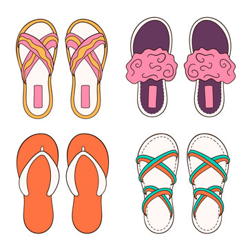 Female, women shoes collection for summer and home in cartoon. Flat casual footwear. Vector illustration isolated on a white background.