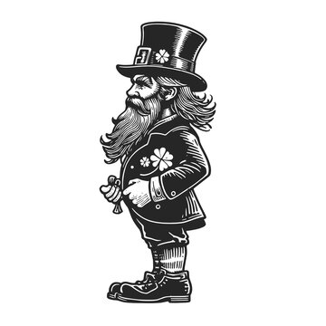 leprechaun gnome carrying a four-leaf clover and a walking stick Irish folklore sketch engraving generative ai fictional character raster illustration. Scratch board imitation. Black and white image.