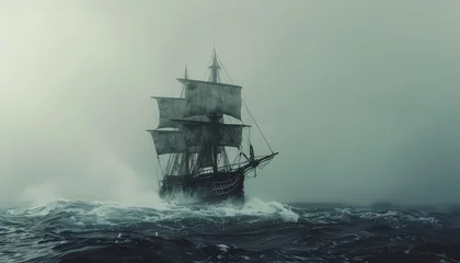 Foto op Canvas A large ship sails through a stormy sea © terra.incognita
