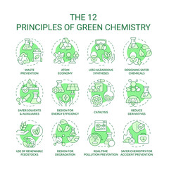 Green chemistry principles green concept icons. Chemical synthesis, harmful substances. Icon pack. Vector images. Round shape illustrations for infographic, presentation. Abstract idea