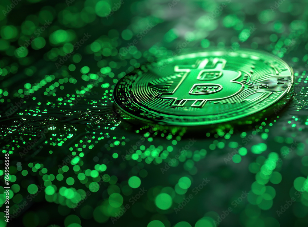 Wall mural cryptocurrency concept bitcoin on green background with beautiful bokeh effect