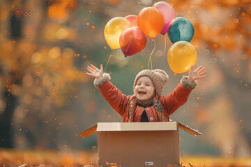 Travel dreams! Child pretending to fly in a cardboard box with air balloons - obrazy, fototapety, plakaty