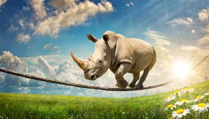 Foto auf Alu-Dibond Huge white rhino (rhinoceros) walking on a rope, against a clear blue sky with clouds and copy space and sunbeams, above a green meadow with daisy flower. Generative Ai. © Alberto Masnovo