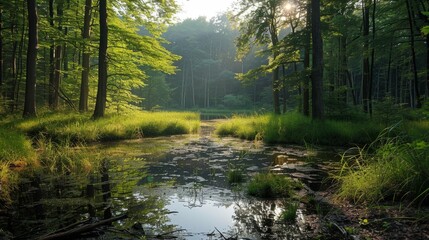 The environment: A peaceful forest glade bathed in sunlight - obrazy, fototapety, plakaty